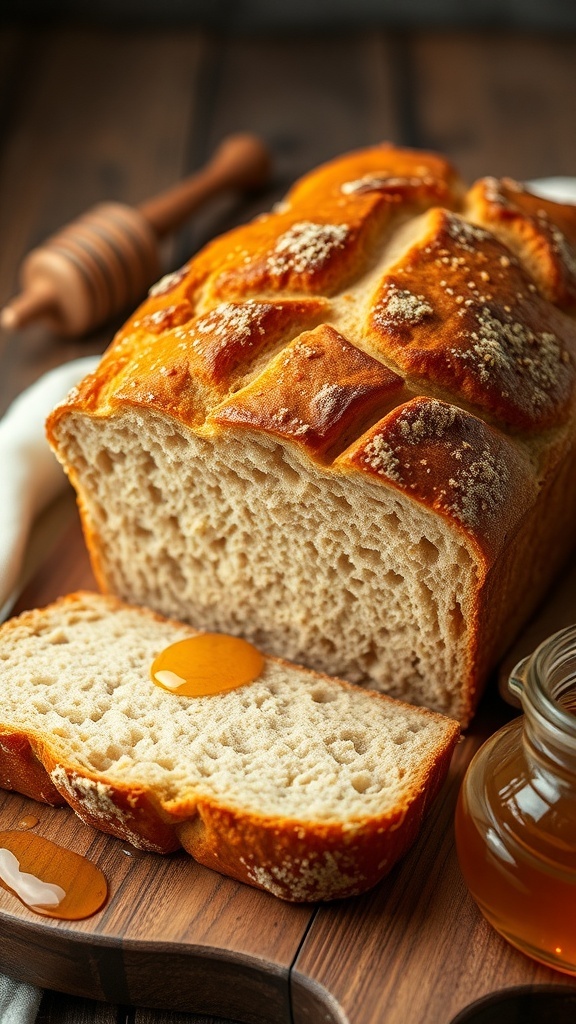 A golden brown loaf of honey wheat bread sliced on a wooden board with honey jar.